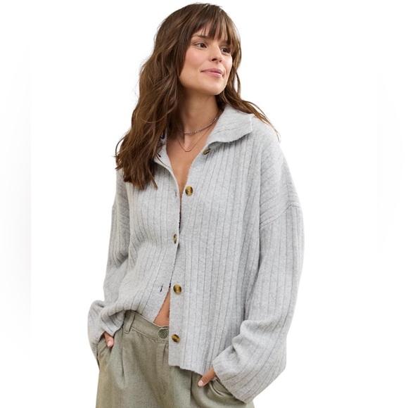 Aerie unREAL Ribbed Button-Down Cardigan | Heather Gray XL - Oversized Cozy Knit - Picture 2 of 15